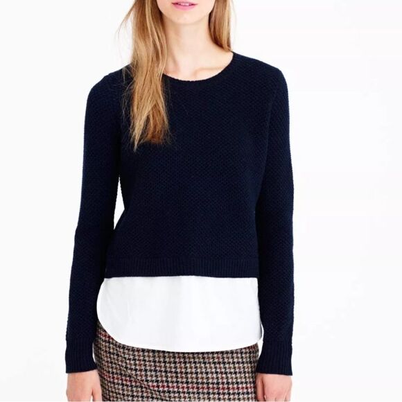 J. Crew Navy Blue White Lambswool Shirttail Crew neck Sweater Top Size Small - Picture 2 of 7